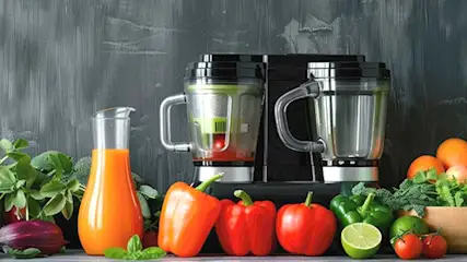 Row of colourful vegetables and herbs lined up before two sleek juicers, with a glass jug of bright orange juice in the centre.