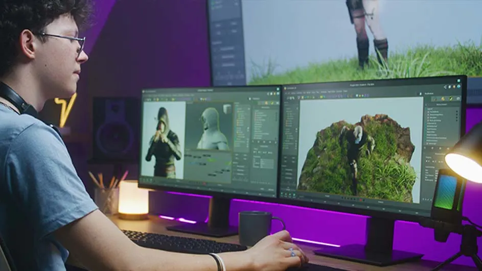 Een persoon met een bril zit voor twee computerschermen met 3D-modellen, met een toetsenbord en muis op een bureau.