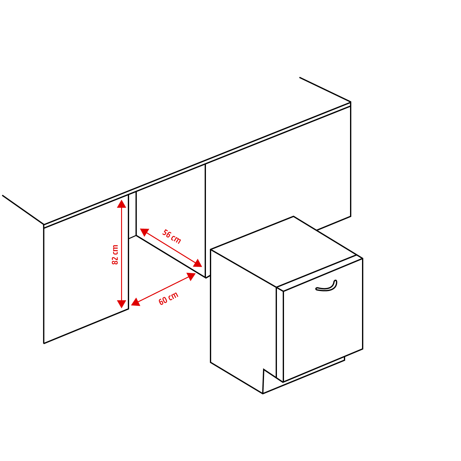 The image shows a kitchen layout diagram with cabinets and a dishwasher. Dimensions are marked: 82 cm height, 56 cm depth, and 60 cm width.