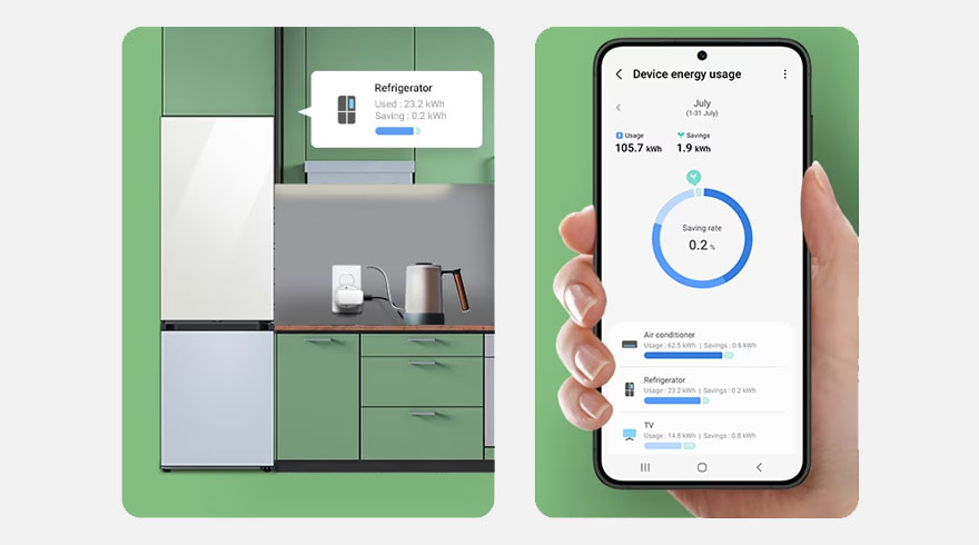 Koelkast naast groene keukenkasten, met een smartphone in de hand die energieverbruiksgegevens weergeeft.