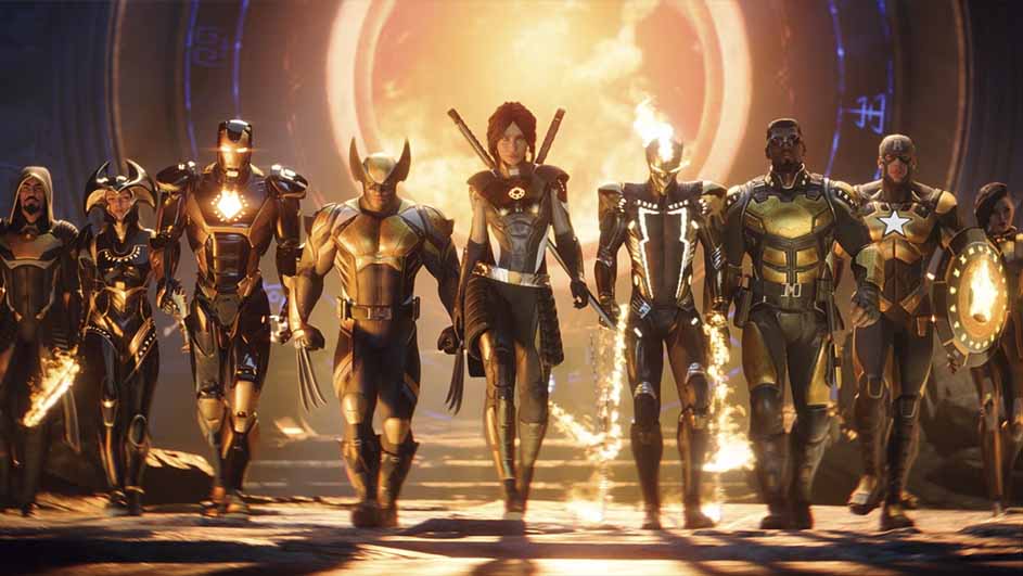 Een groep gekostumeerde figuren staat voor een gloeiende achtergrond. Ze dragen armor en hebben wapens, wat wijst op een superhelden thema.