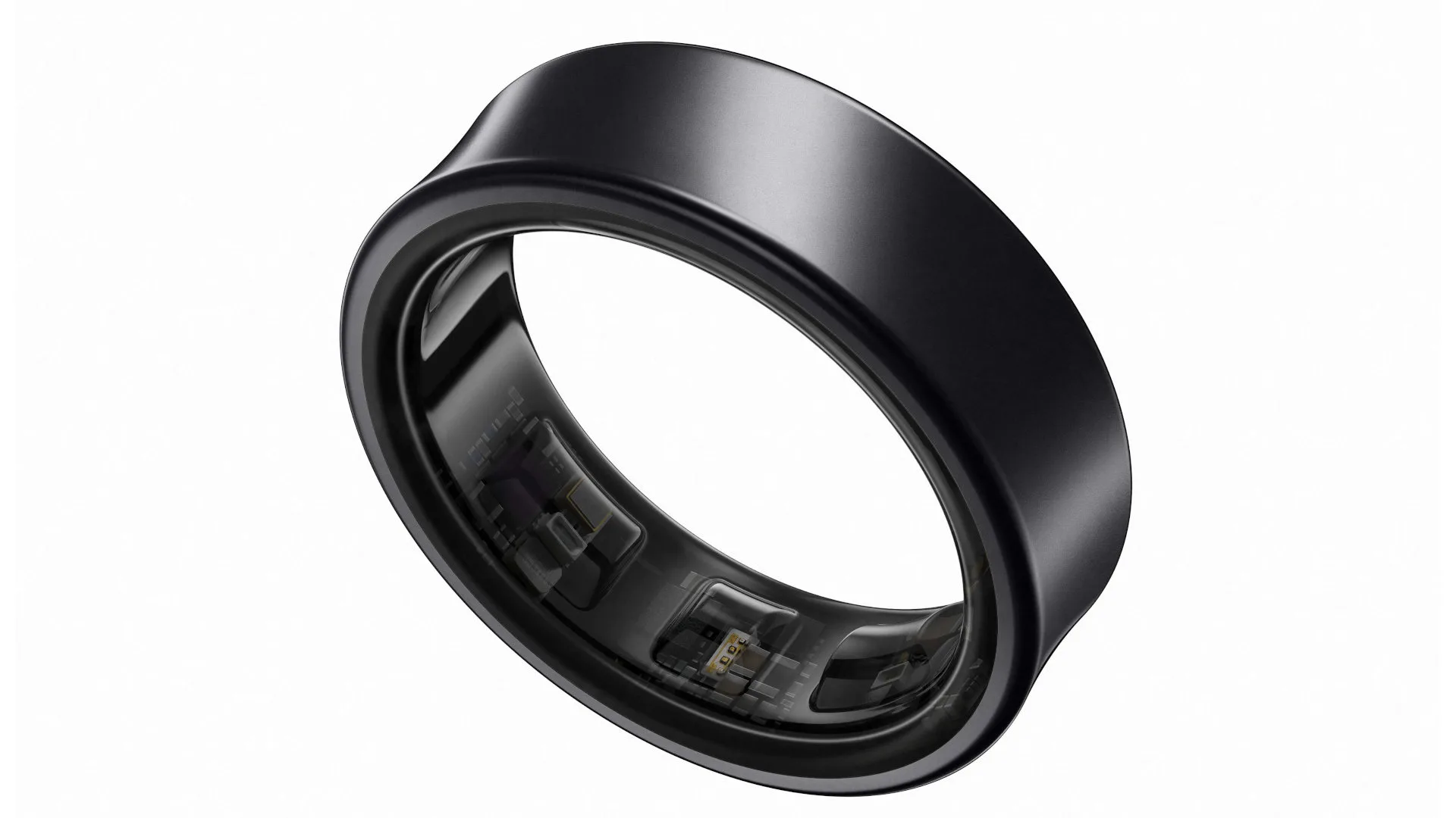 Een zwarte, ovale ring met sensoren aan de binnenkant, gepresenteerd op een witte achtergrond.