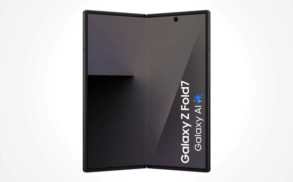 Een opengevouwen zwarte vouwtelefoon met grote binnen-display en zichtbare vouwlijn; rechts staat “Galaxy Z Fold7” en “Galaxy AI”.