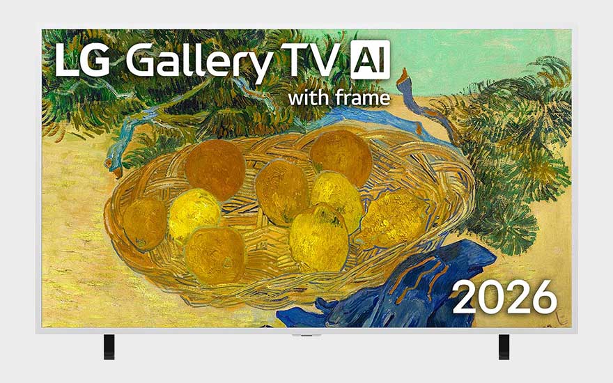 Een LG Gallery TV AI met frame toont een schilderachtig stilleven met fruit, gepresenteerd als kunstzinnige televisie.