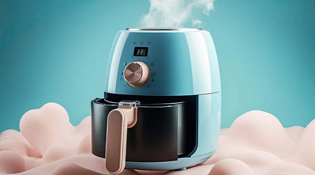 A light blue air fryer with a digital display stands on a soft, peach-colored surface, with steam rising from the top against a blue background.