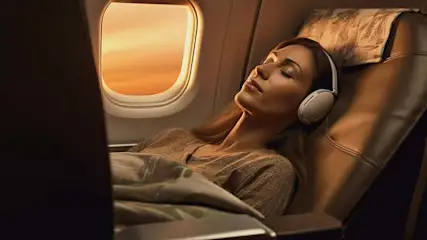 Een vrouw met een koptelefoon slaapt in een vliegtuigstoel bij een raam met uitzicht op de zonsondergang.