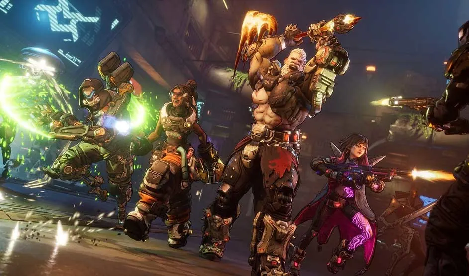 Vier kleurrijke, zwaarbewapende helden staan klaar voor de strijd in een futuristische omgeving vol actie. Het beeld komt uit Borderlands 3.