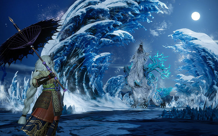 Een krijger met paraplu staat tegenover een gigantische ijsdragon die water spuwt onder een volle maan in een epische nachtelijke confrontatie.