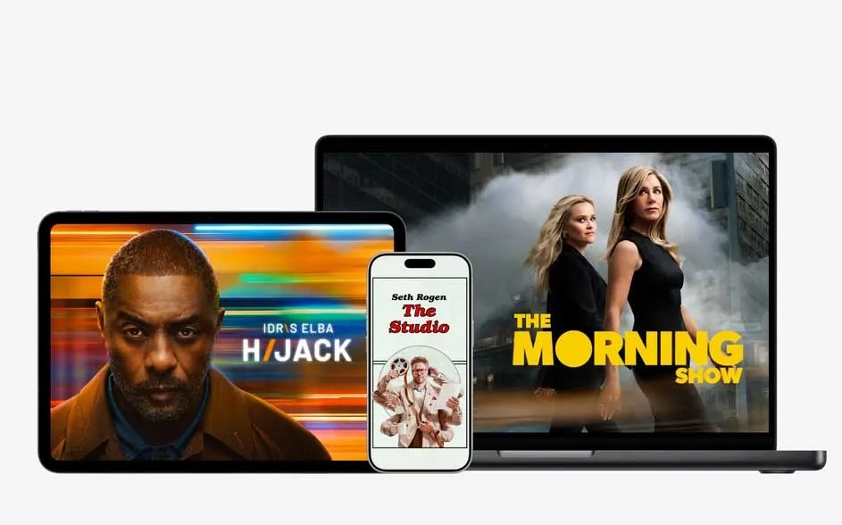 Op de afbeelding zie ik een tablet, telefoon en laptop met posters van tv-series/films; op de schermen staan acteurs en grote titels.