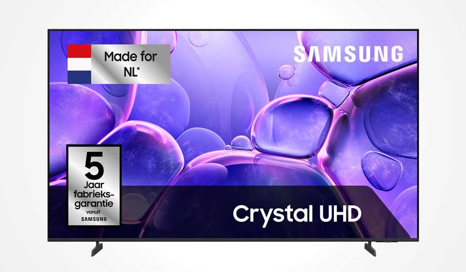 Een Samsung Crystal UHD tv met paarse achtergrond, 5 jaar fabrieksgarantie en “Made for NL” label linksboven in beeld.
