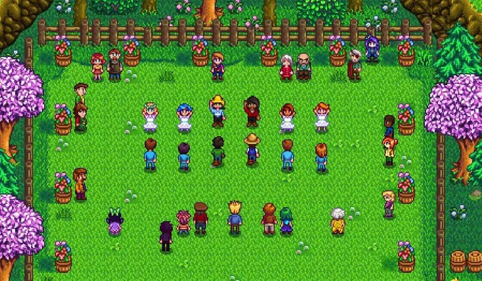 Dorpsbewoners dansen in een lentewei vol bloemen in een pixelart-videospel, omringd door bomen en houten hek.