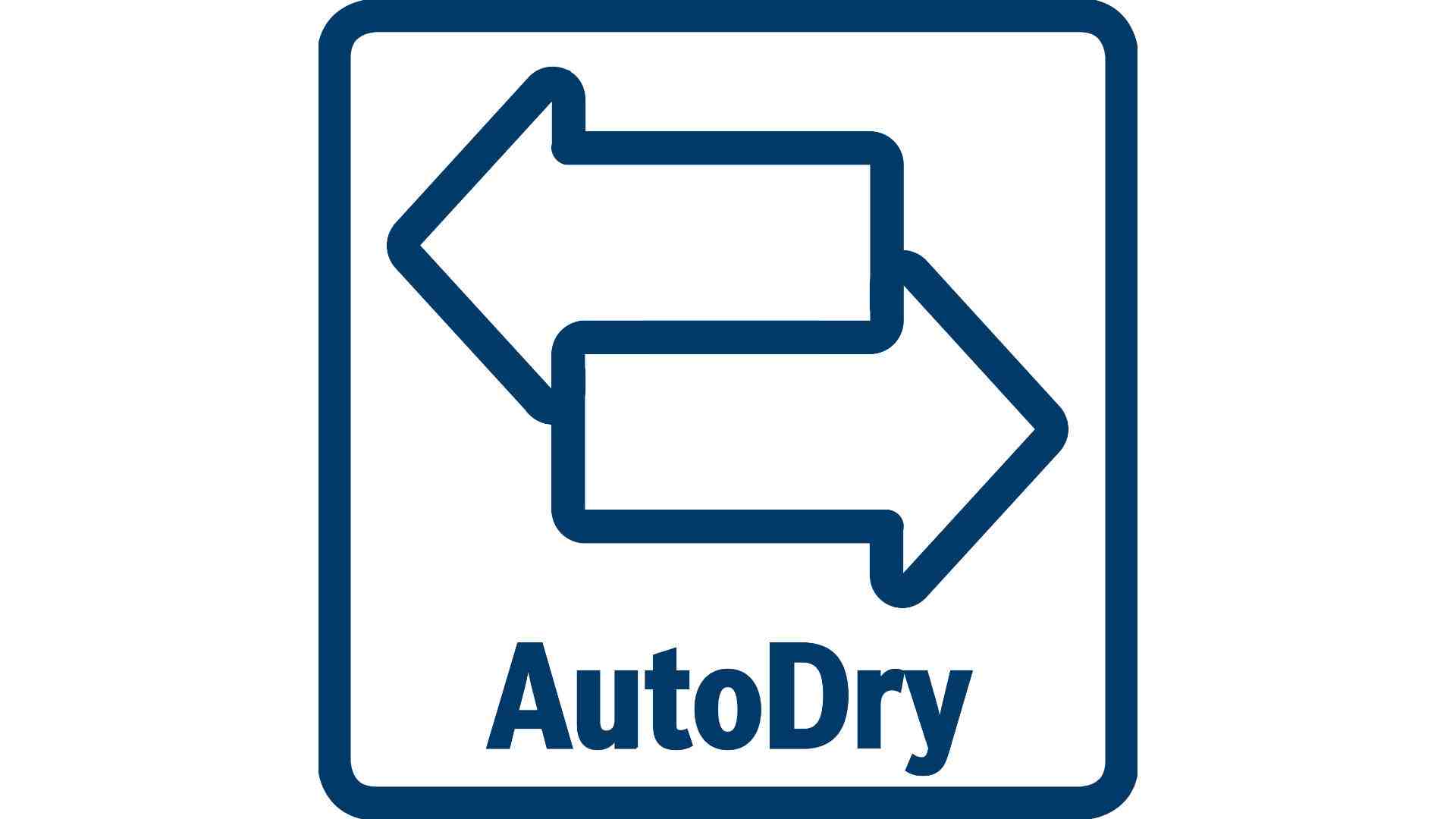 Blauw AutoDry-logo op een witte achtergrond, met twee pijlen en een blauwe rand.