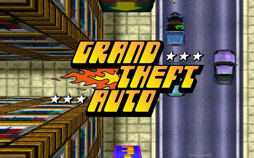 Top down view of a straight city street with cars and tall buildings, dominated by a bold yellow flaming title logo.
