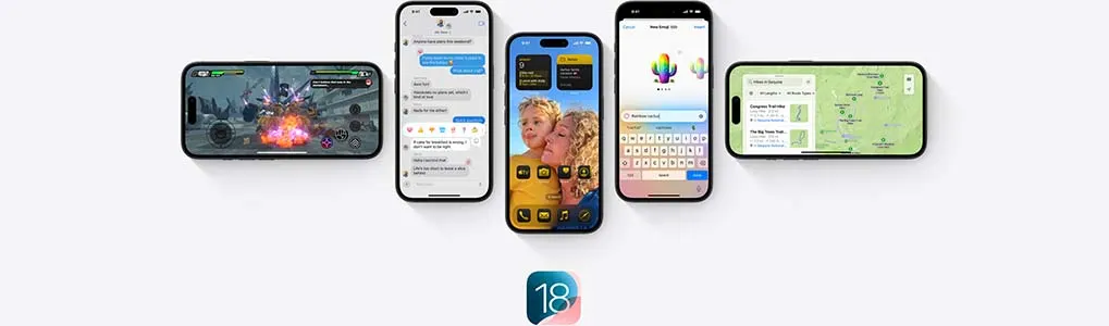 Vijf iPhones tonen verschillende functies van iOS 18, waaronder gaming, berichten, widgets, een kleurrijke app-interface en een kaartenapplicatie.