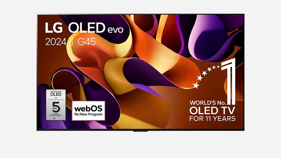 LG OLED evo 2024 G45 TV-advertentie met oranje en paarse vormen. "World's No.1 OLED TV FOR 11 YEARS" staat rechtsonder.