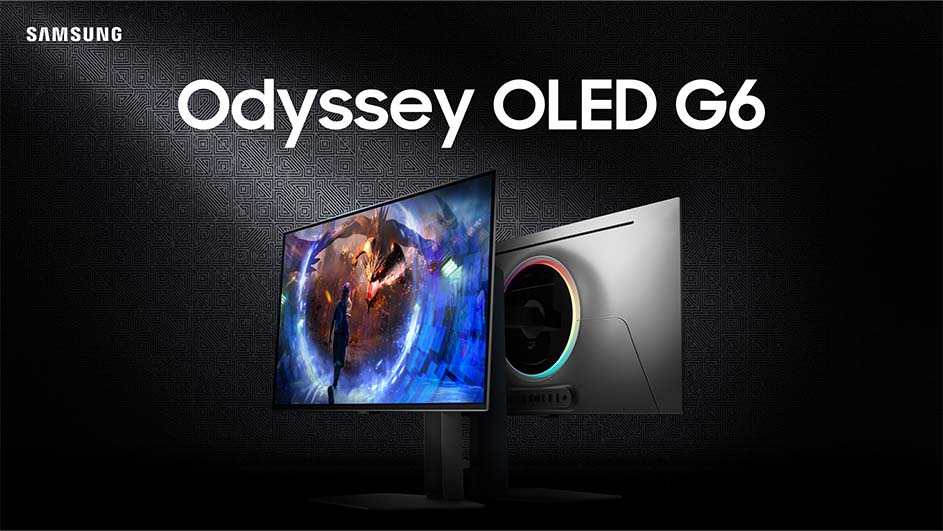 Twee Samsung Odyssey OLED G6-monitoren staan op een zwarte achtergrond met een patroon. Een scherm toont een fantasie scène.
