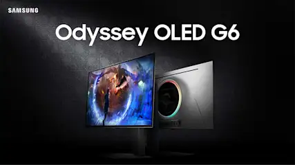 Twee Samsung Odyssey OLED G6-monitoren staan op een zwarte achtergrond met een patroon. Een scherm toont een fantasie scène.