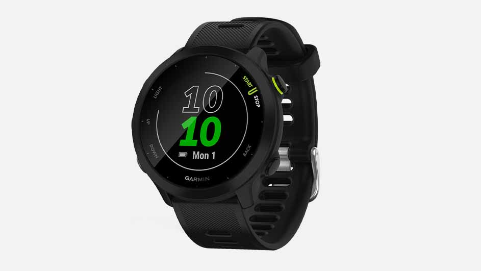 A black Garmin watch displays '10 10' in green numbers and 'Mon 1' on its screen against a white background.