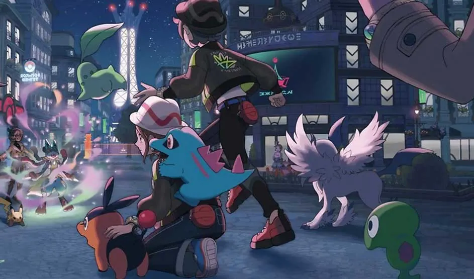 In een verlichte stad zien we trainers met verschillende Pokémon, zoals Lucario, Chikorita en Absol. Het merk Pokémon is duidelijk zichtbaar.