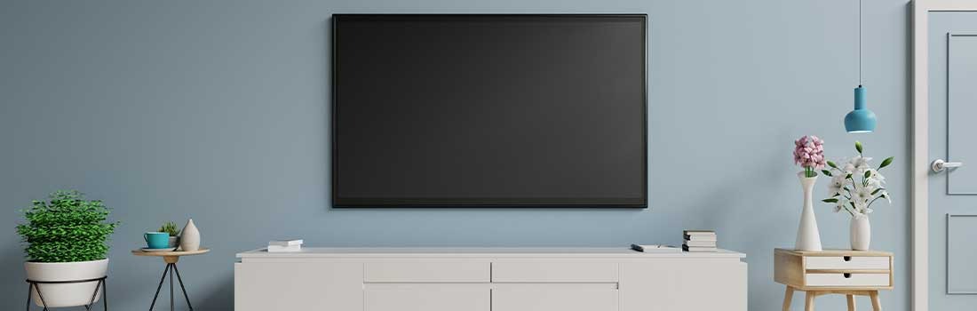 Woonkamer met een tv aan een blauwe muur, een wit tv-meubel, planten en bloemen. Een blauwe lamp hangt aan het plafond.