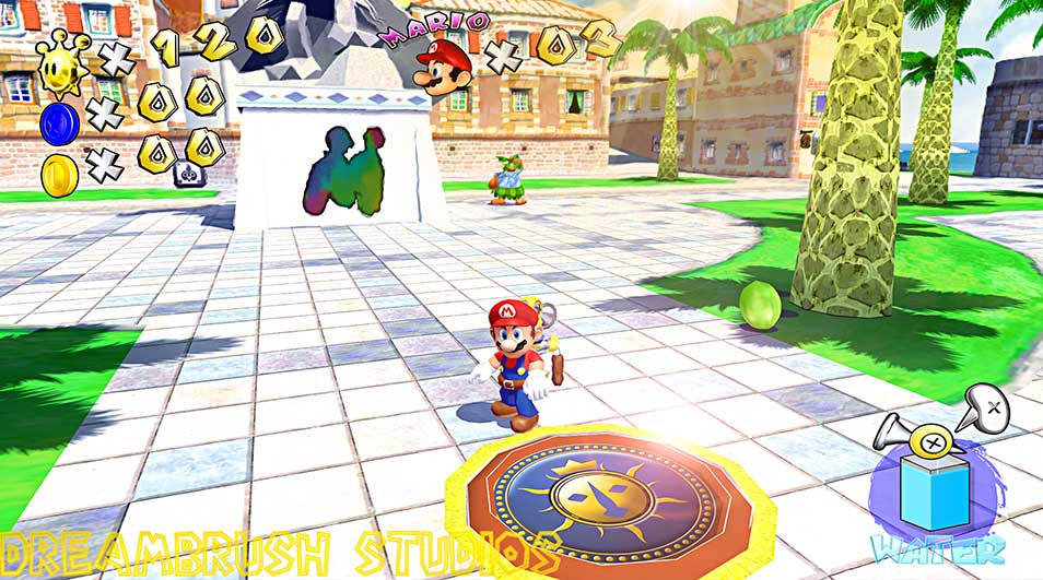 Mario staat op een plein met gebouwen en palmbomen. Hij staat op een ronde blauwe plaat met een geel zonlogo.