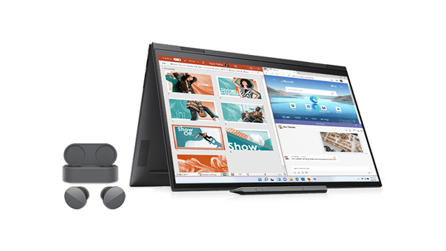 Een grijze laptop met een pen en oordopjes. Het scherm toont vensters met beelden en tekst.