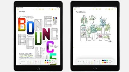 Twee iPads tonen digitale schetsen: een met de tekst "Bounce" in kleurrijke letters, de ander met planten in potten op een plank.