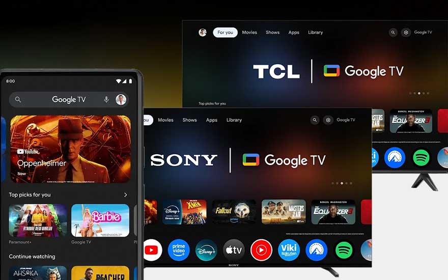 Google TV screen and smartphone showing the Google TV app.