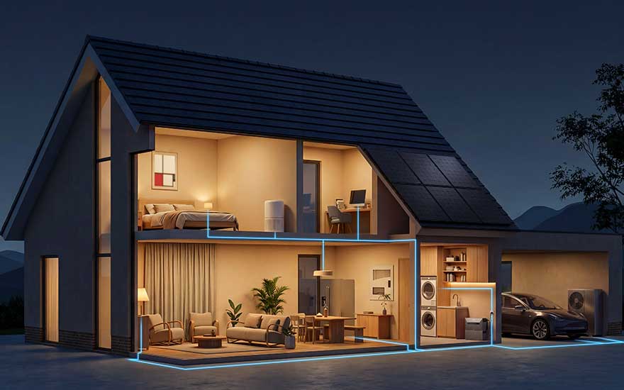 Doorsnede van een slim huis met zonnepanelen, verlichte kamers, elektrische auto en blauwe energielijnen in de nacht.