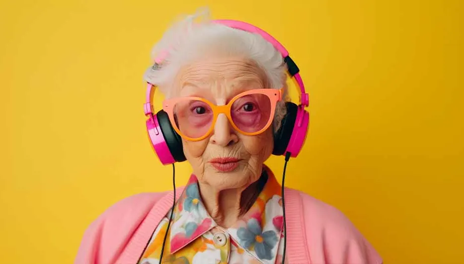 Oudere persoon met roze koptelefoon en oranje bril tegen een gele achtergrond. Ze draagt een bloemenblouse en een roze vest.