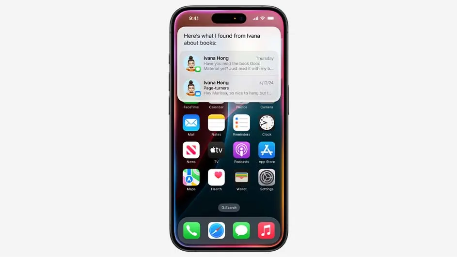 Een iPhone toont een scherm met meldingen en app-pictogrammen tegen een donkere achtergrond. Pictogrammen omvatten Mail, Agenda en Camera.