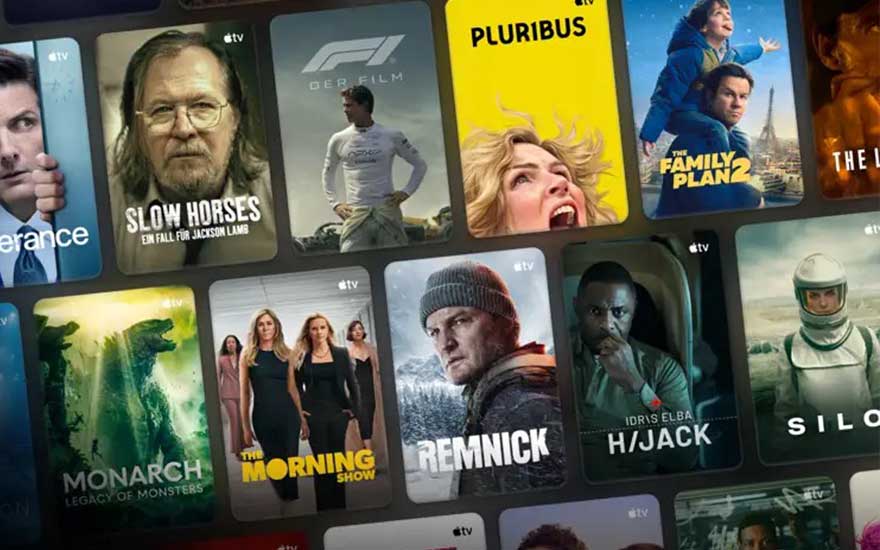 Een raster met Apple TV series toont verschillende kleurrijke posters, variërend van actie en drama tot komedie en documentaires.