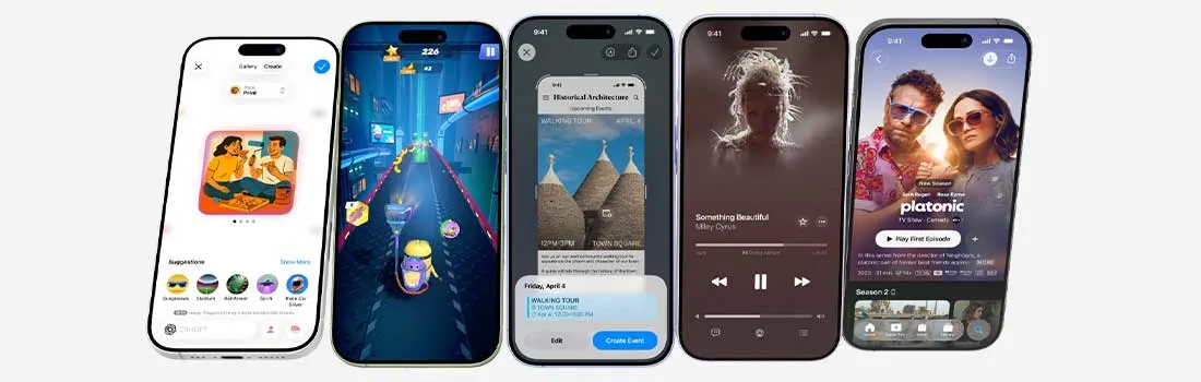 Zijaanzicht van een smartphone met een zwart scherm waarop een klok en app-pictogrammen worden weergegeven, tegen een zwarte achtergrond.