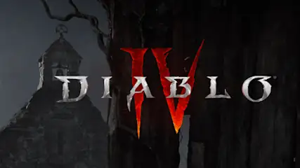 Logo van Diablo IV, met een kerk op de achtergrond en een donkere, houten achtergrond.