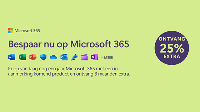 Microsoft 365 promotie op een groene achtergrond. Icons van Word, Excel en andere apps staan naast de tekst "Bespaar nu op Microsoft 365".