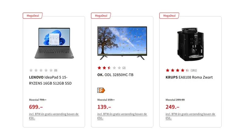 Drie productadvertenties: een grijze Lenovo laptop, een TV met een bosrijk landschap, en een zwarte Krups koffiemachine.