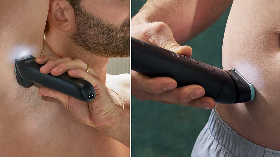 Een man gebruikt een elektrische bodygroomer om oksel- en buikhaar zorgvuldig, glad en comfortabel te trimmen.