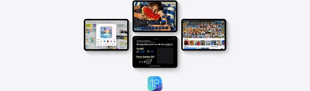Vier iPads met verschillende scherminhouden, waaronder een kind met een watermeloen, wiskundige formules, een fotogalerij en een tekentoepassing. Onderaan in beeld staat het iPadOS 18-logo.