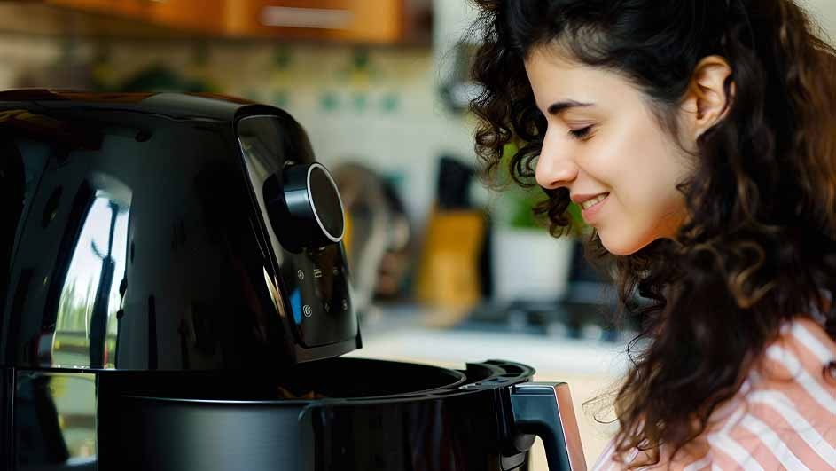A woman smiles, looking at an open, black air fryer in a kitchen setting. The fryer has a silver knob and handle.