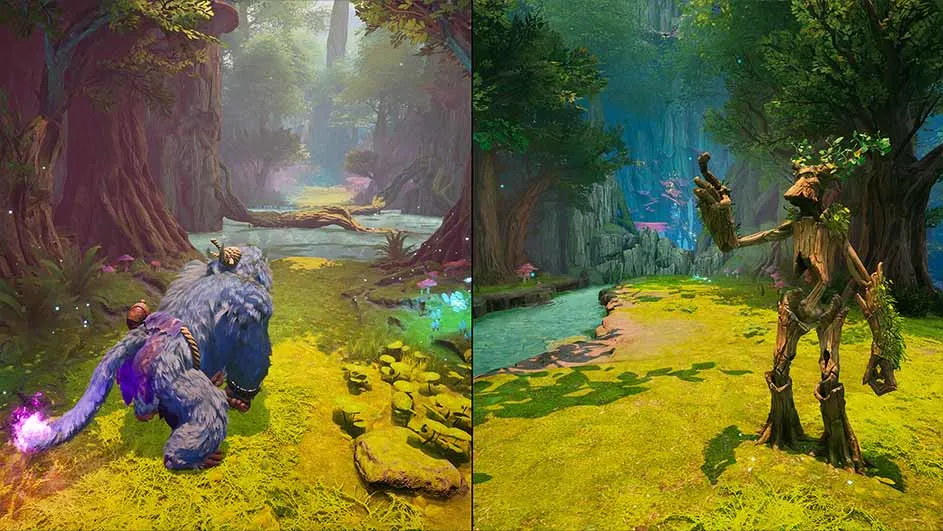 Links: blauw beest met paarse staart bij een rivier in het bos. Rechts: houten figuur met bladeren in een bos.