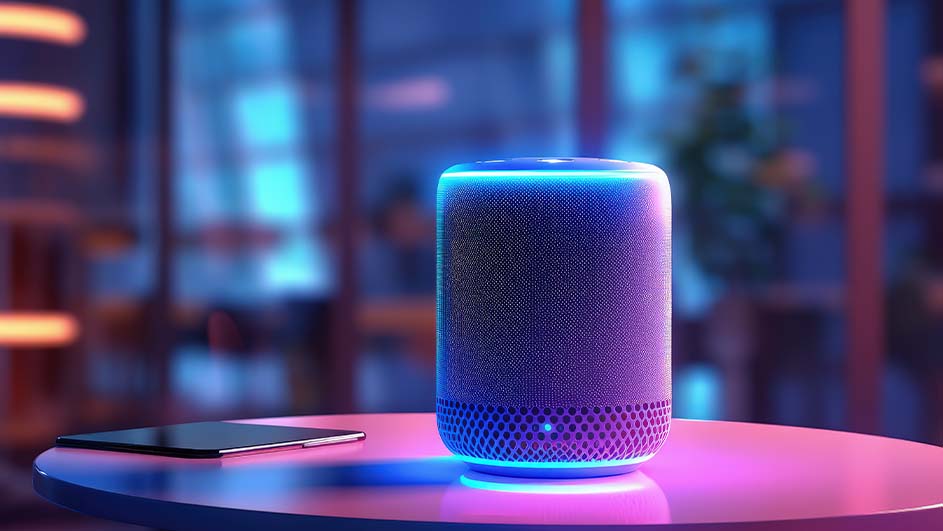 Een blauwpaarse slimme luidspreker staat op een roze tafel naast een zwarte smartphone, met een vage stedelijke achtergrond.