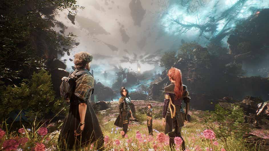 Vier geklede figuren staan in een veld met roze bloemen, kijkend naar een bewolkte lucht met vallende rotsen en dreigende bomen.