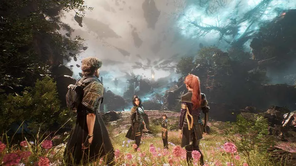 Vier geklede figuren staan in een veld met roze bloemen, kijkend naar een bewolkte lucht met vallende rotsen en dreigende bomen.