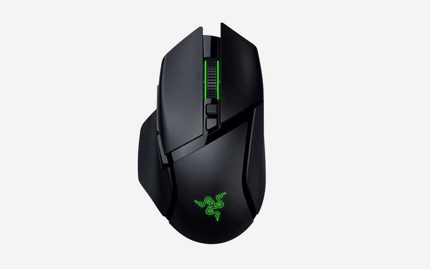 Black Razer gaming mouse with green lighting and angular shape, featuring extra buttons and textured grips on a neutral, clean background.