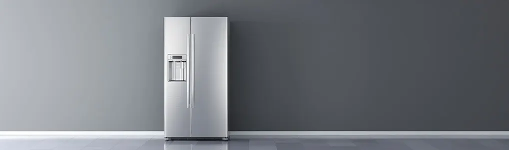 A stainless steel refrigerator with a water dispenser stands against a gray wall on a gray floor.
