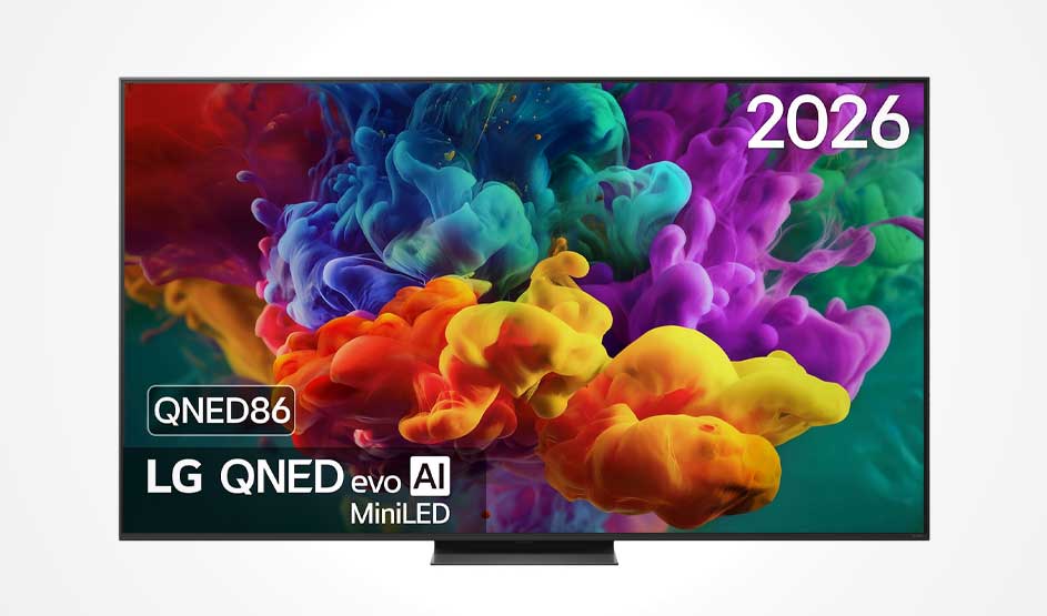 Een LG-televisie toont kleurrijke wolken van inkt, met modelnaam en het jaartal 2026 in beeld.