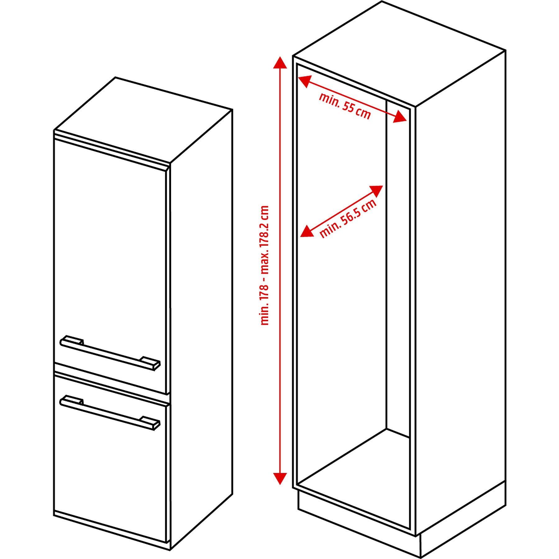Two white cabinet outlines are on display. The left cabinet has two drawers with handles. The right cabinet is empty, showing dimensions.