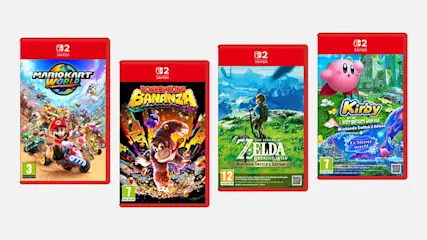 Vier rode Nintendo Switch-spellen: Mario Kart World, Donkey Kong Bananza, Zelda en Kirby in een lichte omgeving.