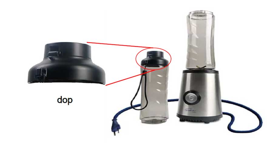 Blender met fles en losse dop, waarbij de dop is uitgelicht.