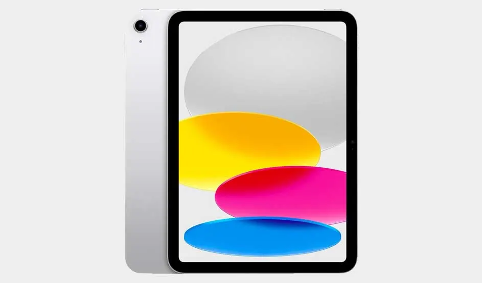 Op de afbeelding zie je een zilveren Apple iPad met een kleurrijk scherm met ovale vormen in het geel, roze, blauw en grijs.